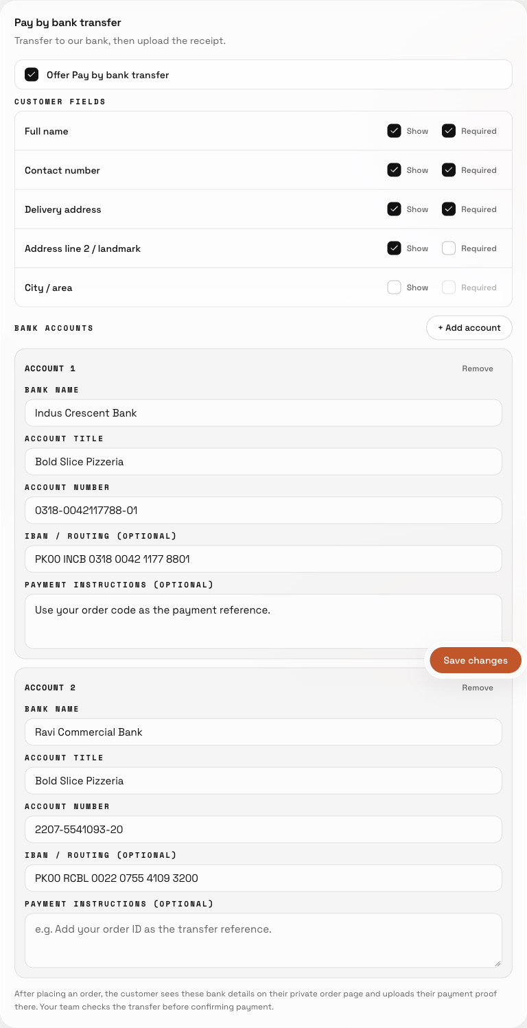 Save complete bank-account details; customers upload payment proof on their private order page after placing the order.