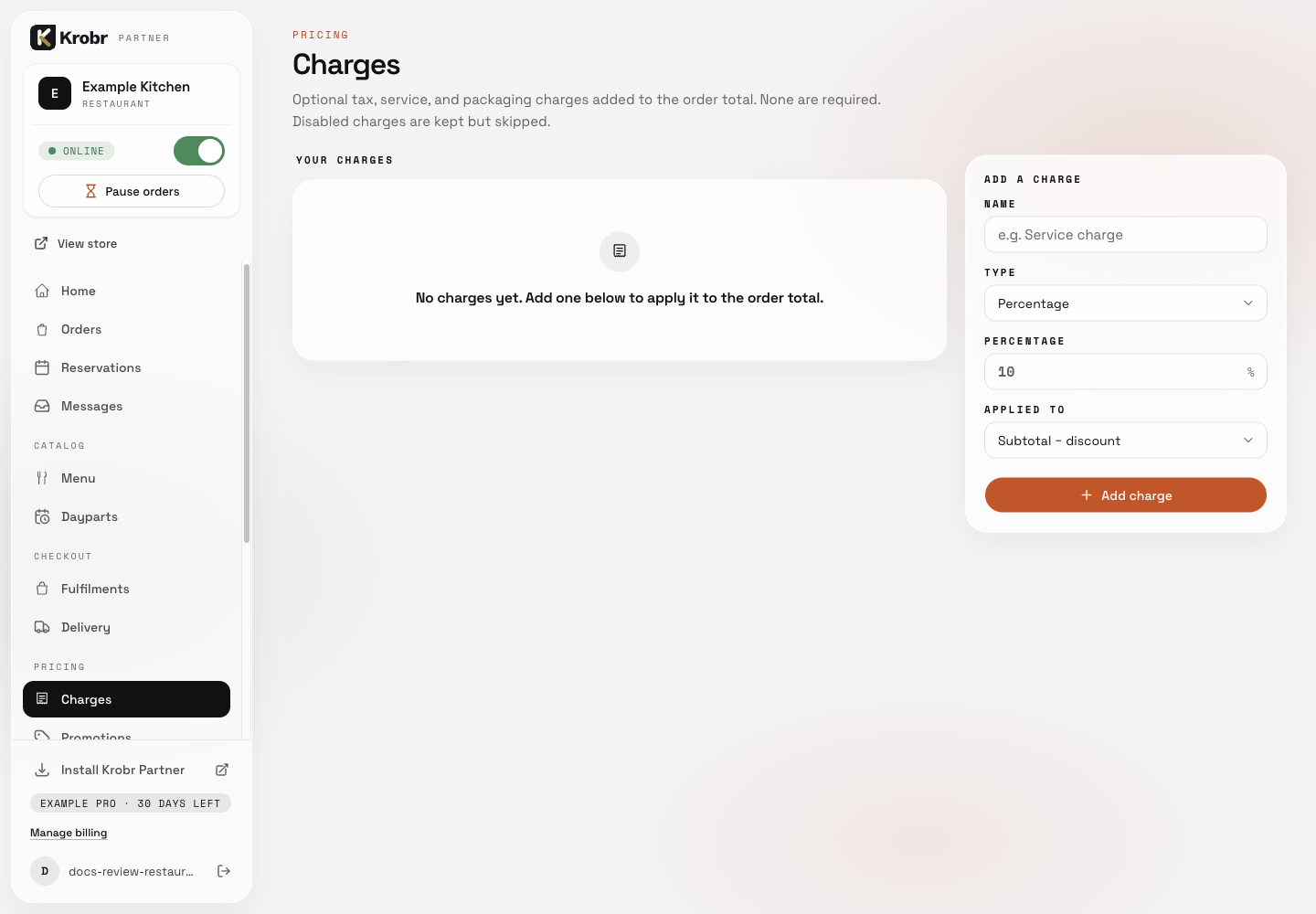 Add charges, discounts, voucher codes, and quantity tiers: find the controls in this example screen and follow the numbered instructions above. Retained English example from 13 October 2026. The Partner account area now also includes Language, which is not shown in this dated sidebar; follow the numbered steps for the current screen.
