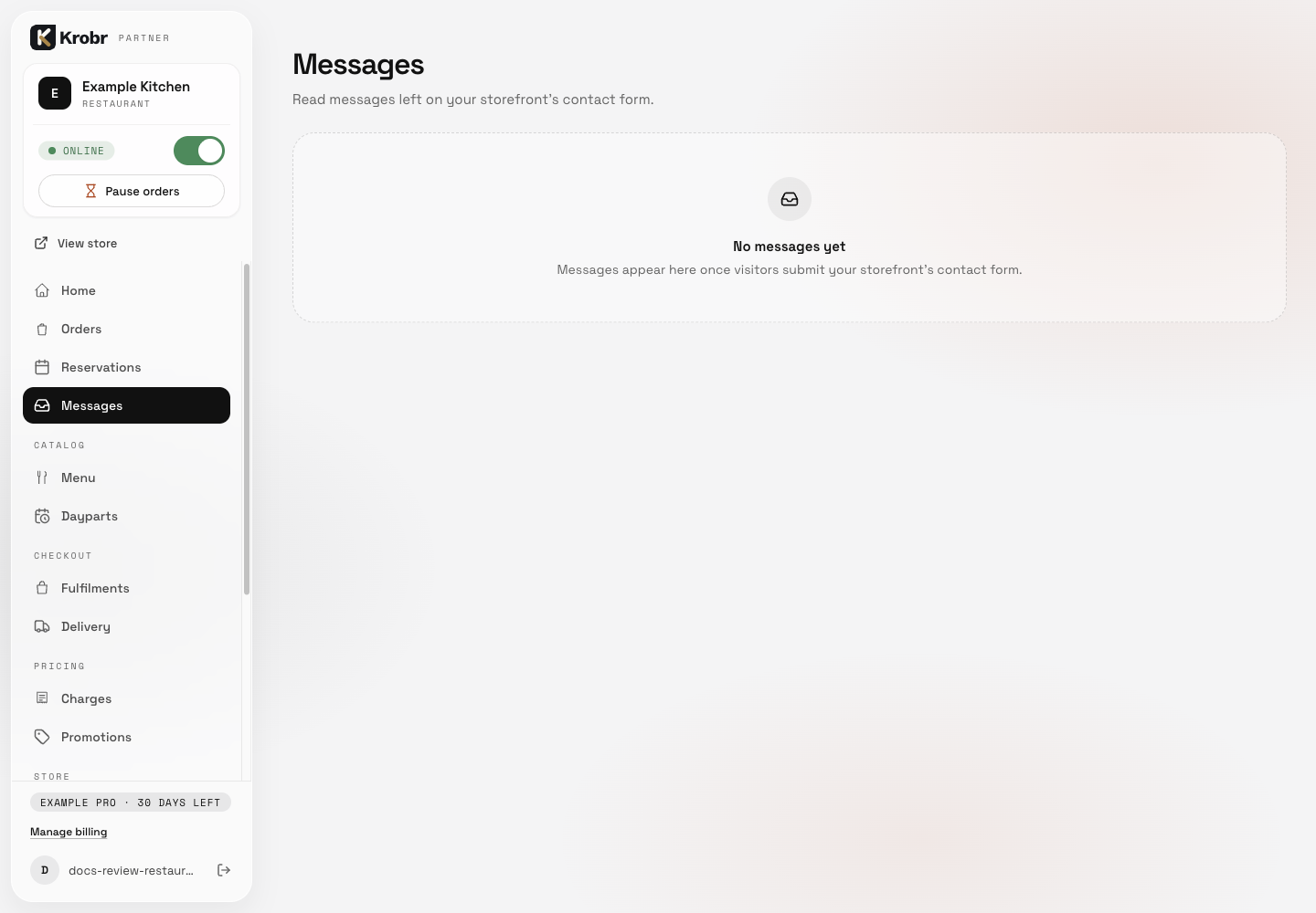Leave reviews, reply to them, and read contact messages: find the controls in this example screen and follow the numbered instructions above. Retained English example from 13 October 2026. The Partner account area now also includes Language, which is not shown in this dated sidebar; follow the numbered steps for the current screen.