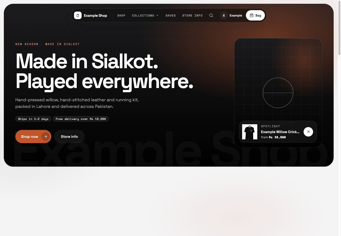 Saved and the theme controls are available from this English storefront header; Saved/Recently viewed results are not shown.
