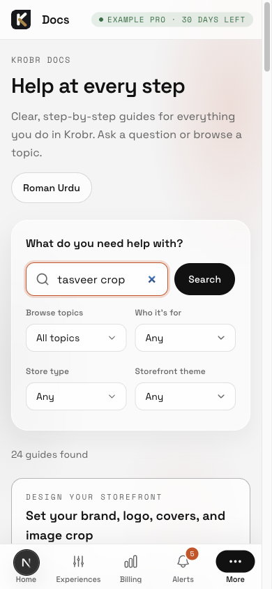 Retained mixed-language tasveer crop search example. Result count and ranking are dated; this does not demonstrate the personal app-language control.