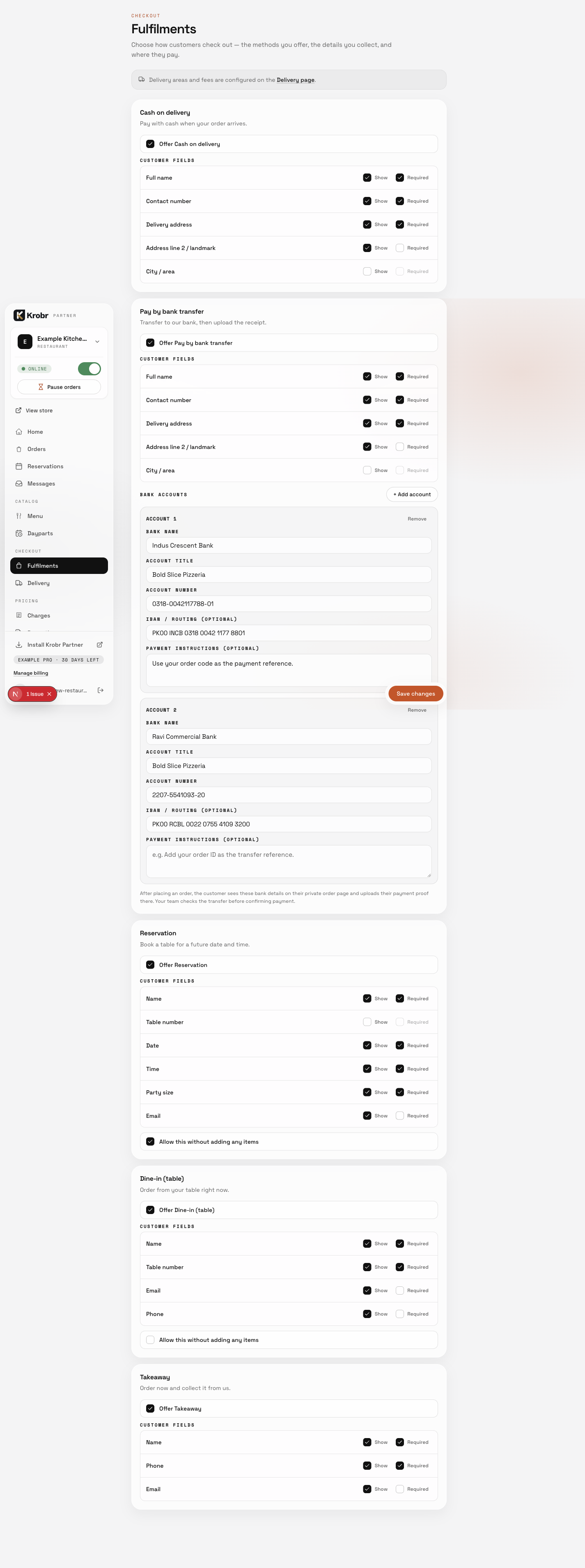 Choose checkout methods and required customer fields: find the controls in this example screen and follow the numbered instructions above. Retained English example from 13 October 2026. The Partner account area now also includes Language, which is not shown in this dated sidebar; follow the numbered steps for the current screen.
