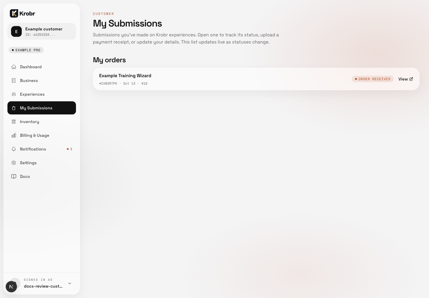 A signed-in customer can return to their linked order through My Submissions.