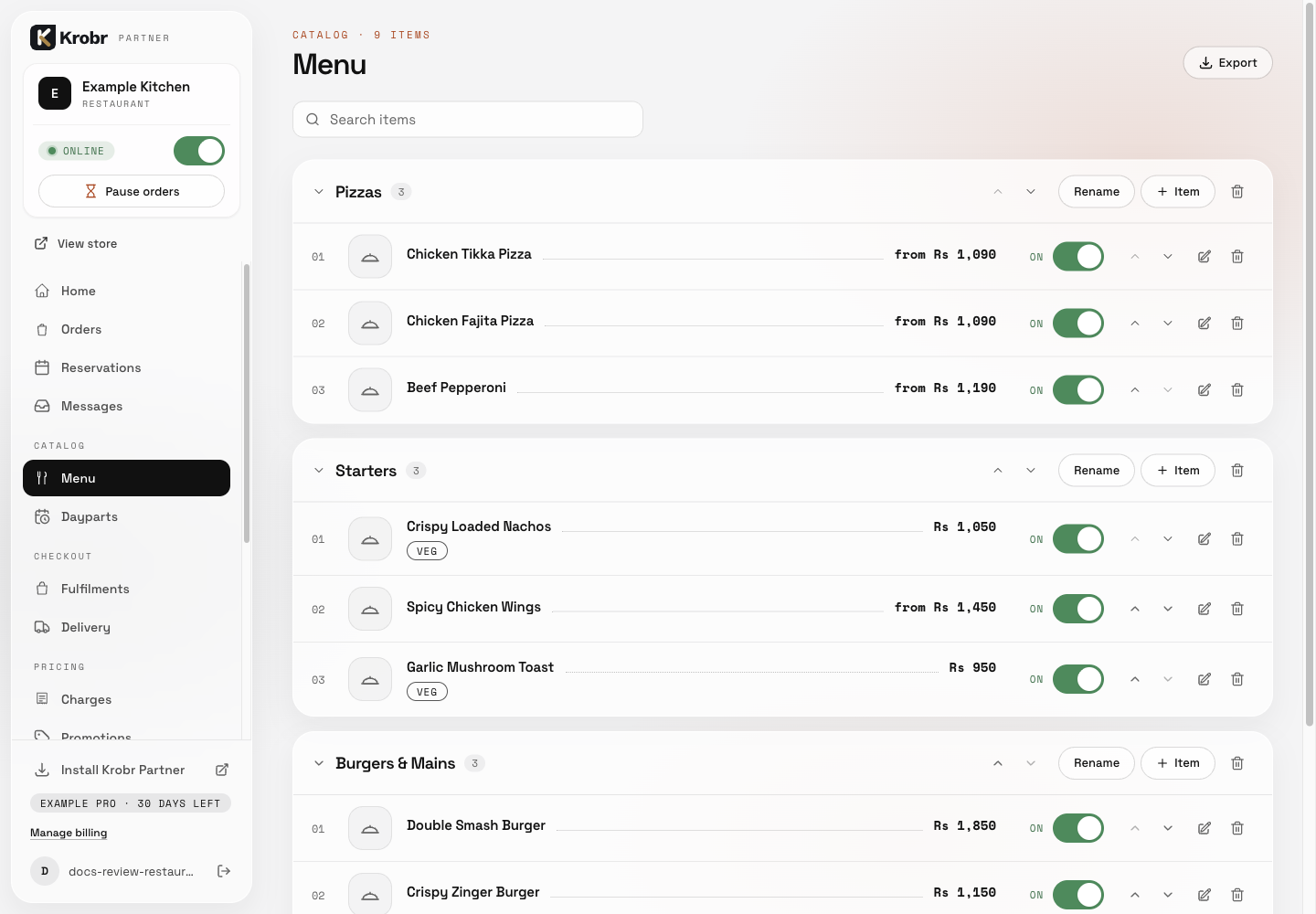 Mark items unavailable, snooze them, and use bulk availability: find the controls in this example screen and follow the numbered instructions above. Retained English example from 13 October 2026. The Partner account area now also includes Language, which is not shown in this dated sidebar; follow the numbered steps for the current screen.