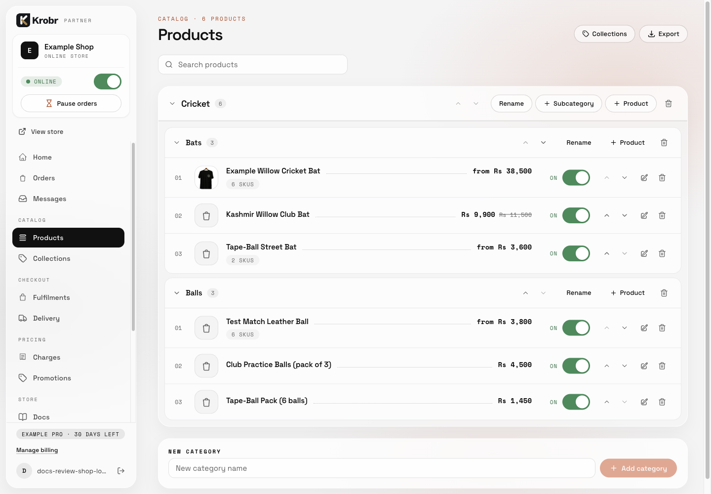 Organize shop products, categories, subcategories, and collections: find the controls in this example screen and follow the numbered instructions above. Retained English example from 13 October 2026. The Partner account area now also includes Language, which is not shown in this dated sidebar; follow the numbered steps for the current screen.