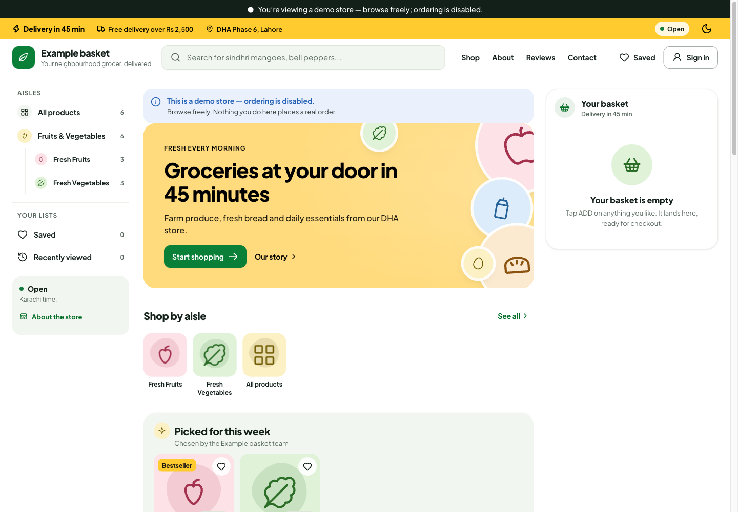 Basket theme: controls and differences: inspect this theme’s layout and navigation in the example storefront.