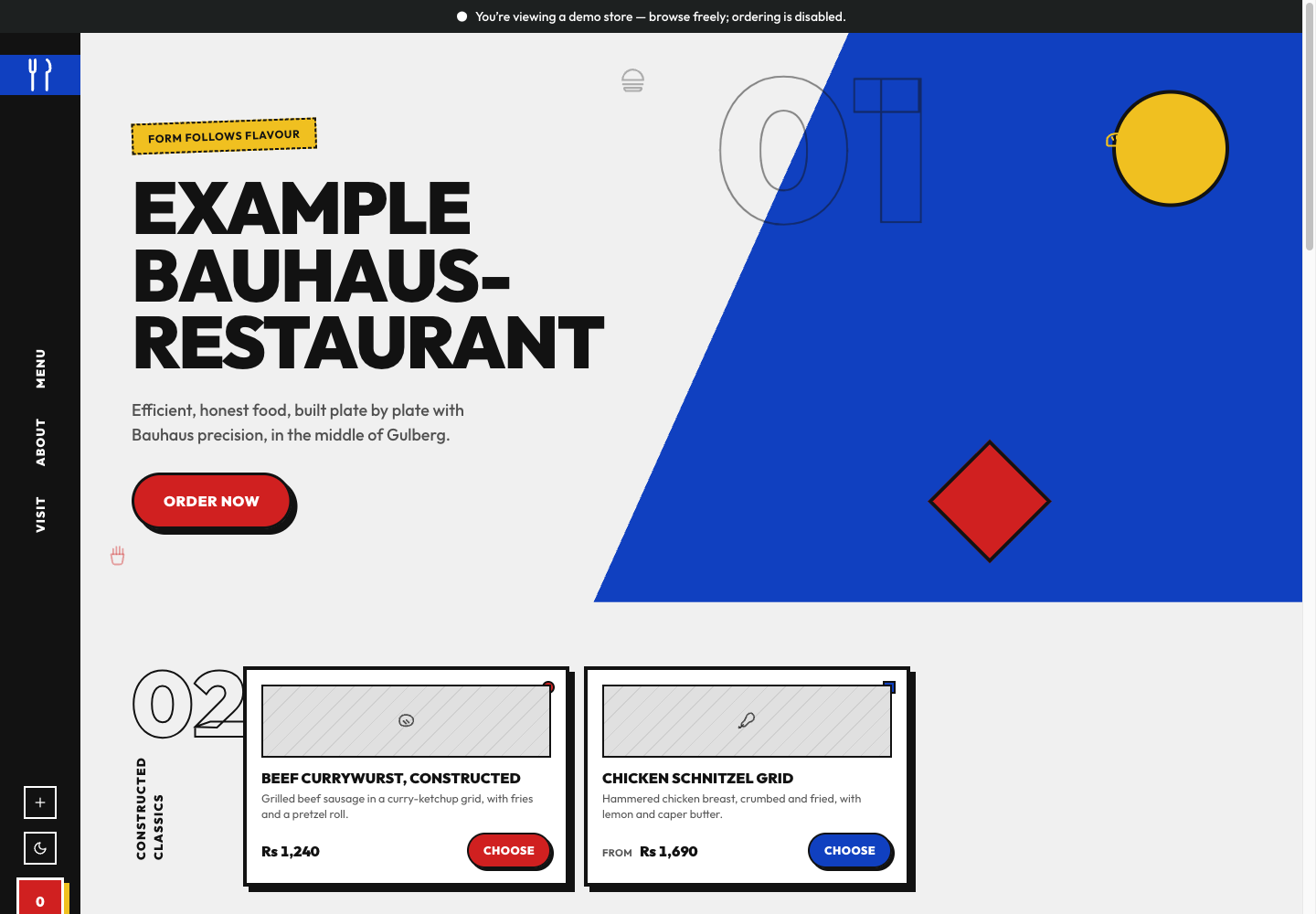 Bauhaus Restaurant theme: controls and differences: inspect this theme’s layout and navigation in the example storefront.