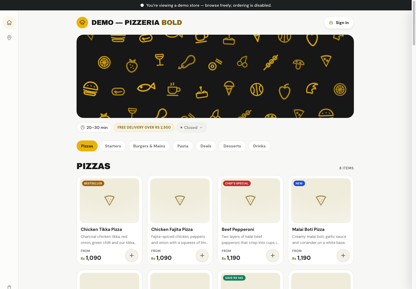 Pizzeria Bold theme: controls and differences: inspect this theme’s layout and navigation in the example storefront.