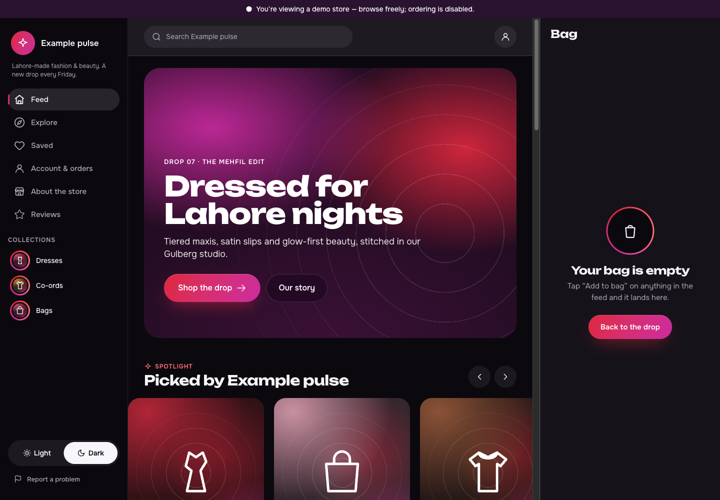 Pulse theme: controls and differences: inspect this theme’s layout and navigation in the example storefront.
