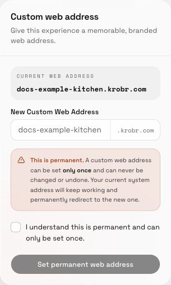 Read the permanent-address warning and confirmation before setting the custom Krobr address.
